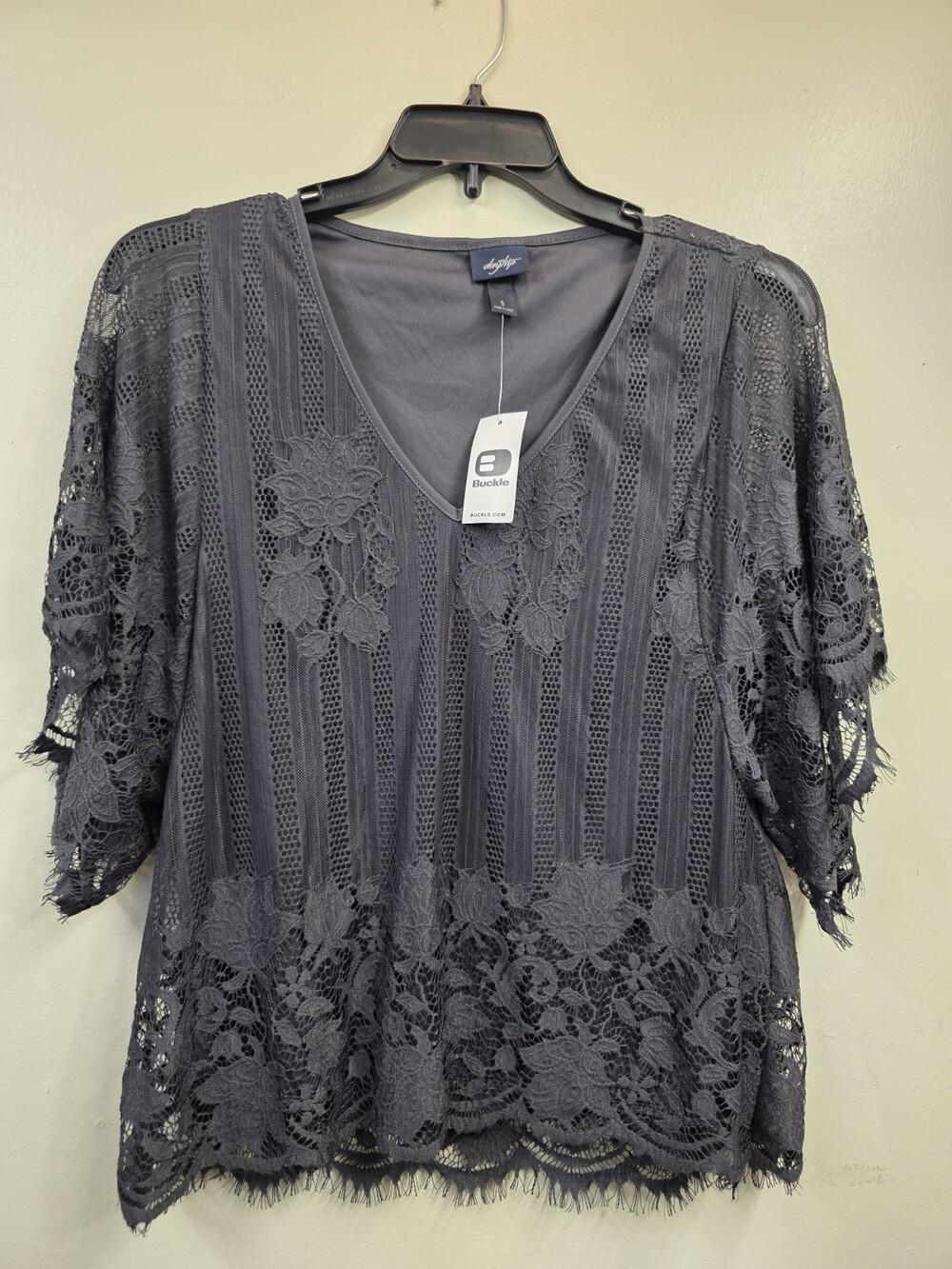 Daytrip Blouse Womens Small Sheer Lace Flutter Sleeve Floral Lined Boho Gray